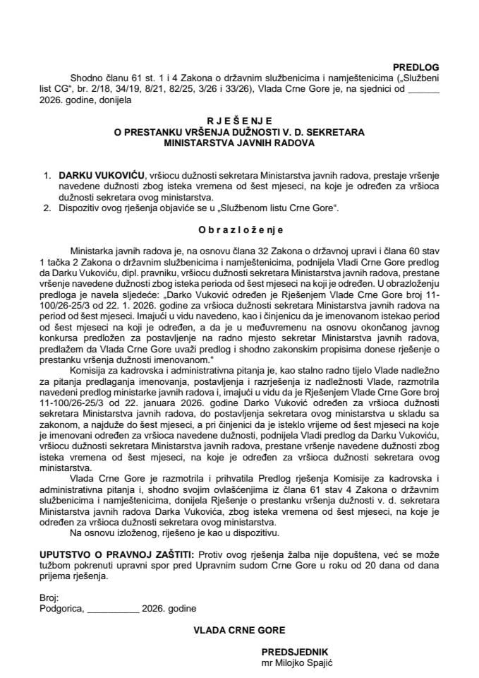 Predlog za prestanak vršenja dužnosti v. d. sekretara Ministarstva javnih radova
