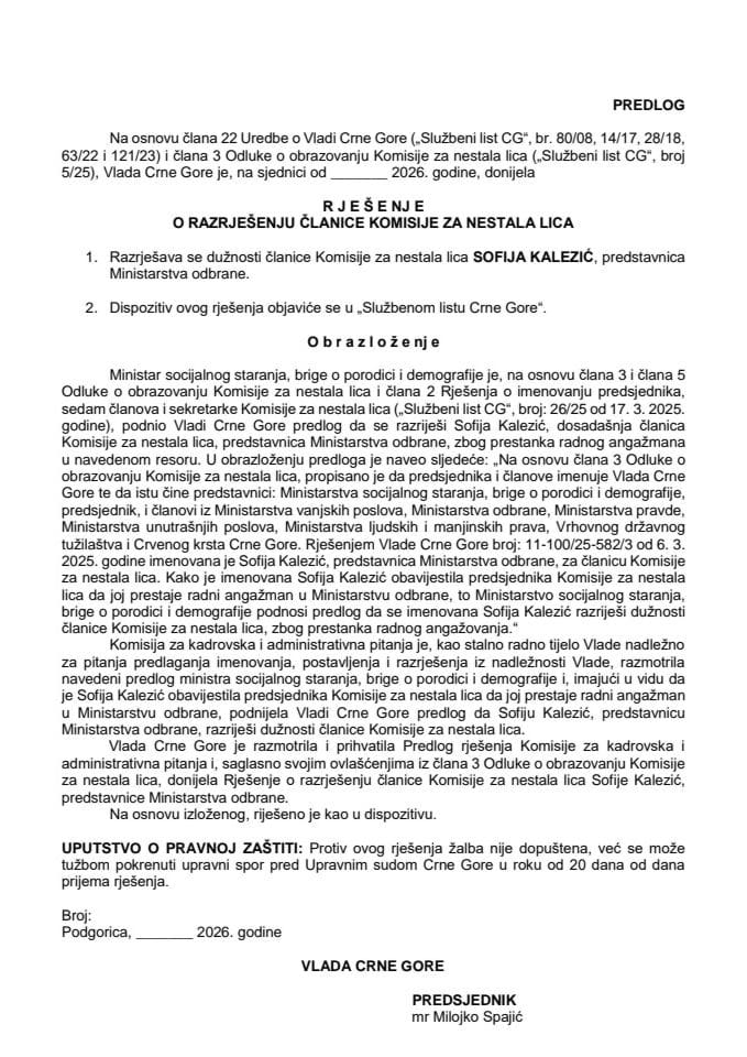 Predlog za razrješenje članice Komisije za nestala lica
