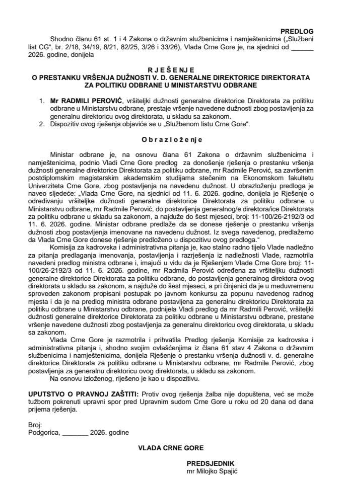Predlog za prestanak vršenja dužnosti v. d. generalne direktorice Direktorata za politiku odbrane u Ministarstvu odbrane