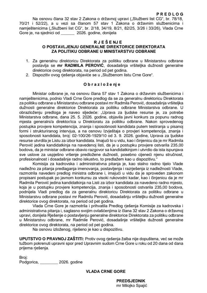 Predlog za postavljenje generalne direktorice Direktorata za politiku odbrane u Ministarstvu odbrane