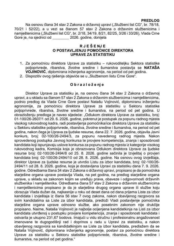 Predlog za postavljenje pomoćnice direktora Uprave za statistiku