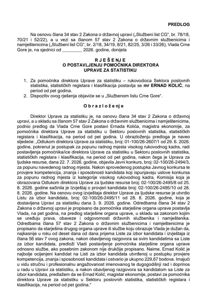Predlog za postavljenje pomoćnika direktora Uprave za statistiku