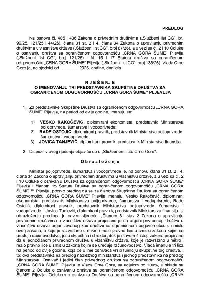 Predlog za imenovanje tri predstavnika Skupštine Društva sa ograničenom odgovornošću "CRNA GORA ŠUME" Pljevlja