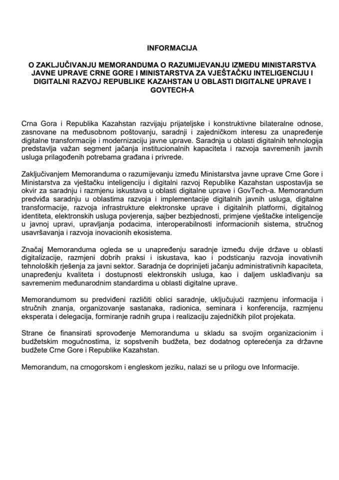 Informacija o zaključivanju Memoranduma o razumijevanju između Ministarstva javne uprave Crne Gore i Ministarstva za vještačku inteligenciju i digitalni razvoj Republike Kazahstan u oblasti digitalne uprave i GovTech-a