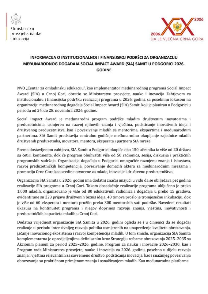 Informacija o institucionalnoj i finansijskoj podršci za organizaciju međunarodnog događaja Social Impact Award (SIA) Samit u Podgorici 2026. godine s Predlogom ugovora