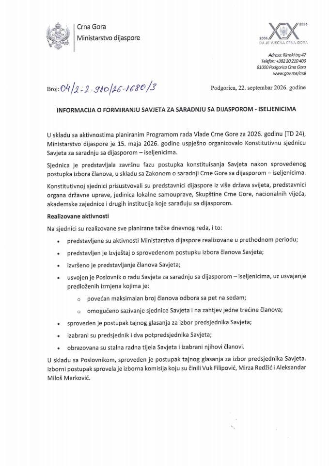 Informacija o formiranju Savjeta za saradnju sa dijasporom-iseljenicima