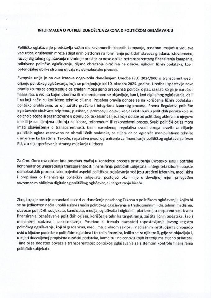 Informacija o potrebi donošenja Zakona o političkom oglašavanju