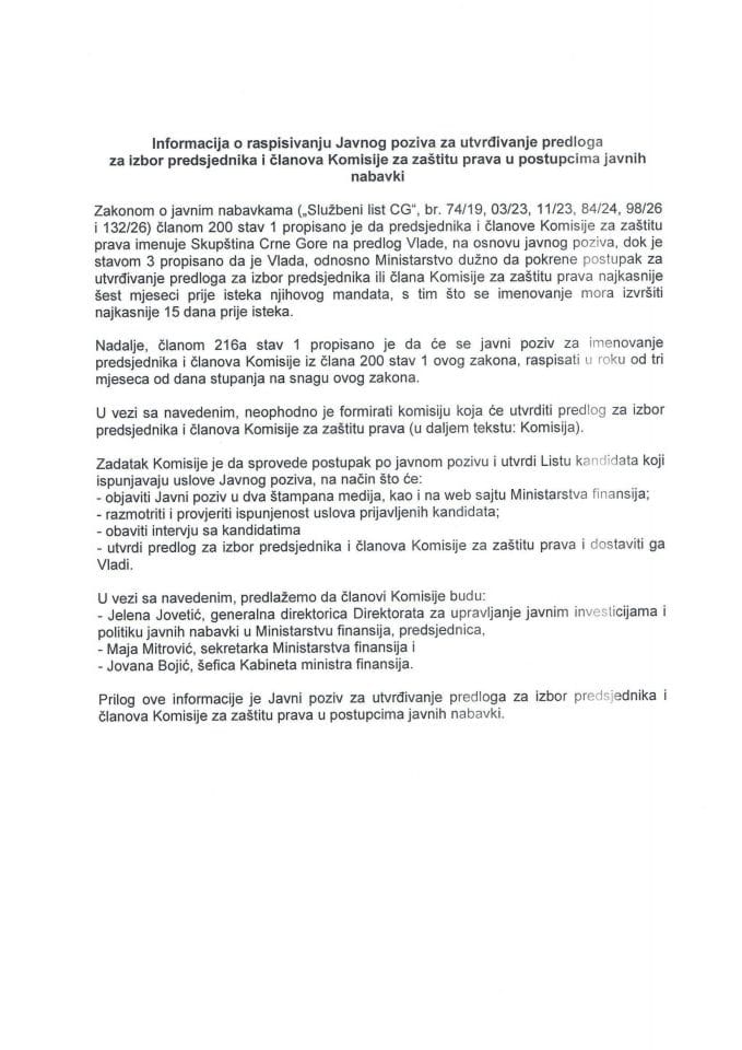 Informacija o raspisivanju Javnog poziva za utvrđivanje predloga za izbor predsjednika i članova Komisije za zaštitu prava u postupcima javnih nabavki s Predlogom javnog poziva