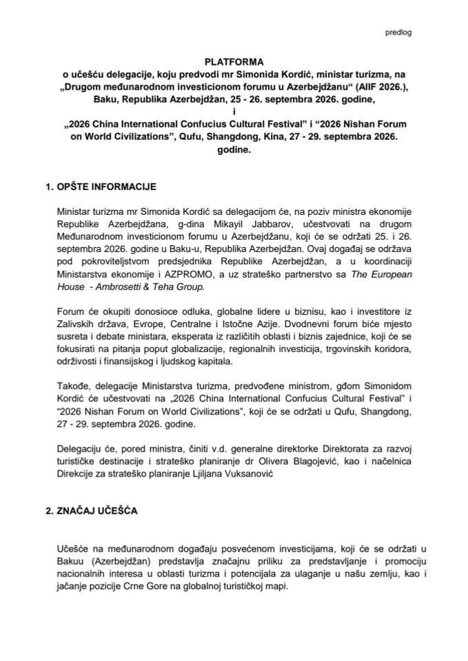 Predlog platforme o učešću delegacije, koju predvodi mr Simonida Kordić, ministar turizma, na „Drugom međunarodnom investicionom forumu u Azerbejdžanu“ (AIIF 2026.), Baku, Republika Azerbejdžan, 25 - 26. septembra 2026. godine