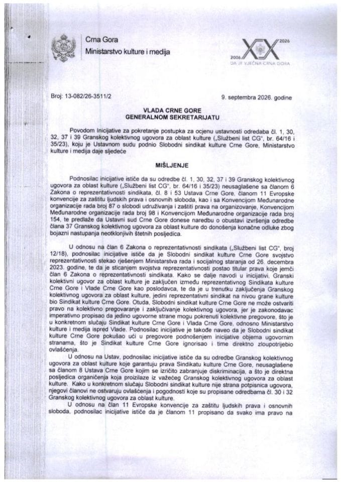 Predlog mišljenja na Inicijativu za pokretanje postupka za ocjenu ustavnosti i zakonitosti odredbe čl. 1, 30, 32, 37, 38 i 39 Granskog kolektivnog ugovora za oblast kulture („Službeni list CG“, br. 64/16 i 35/23), koju je podnio Slobodni sindikat kulture