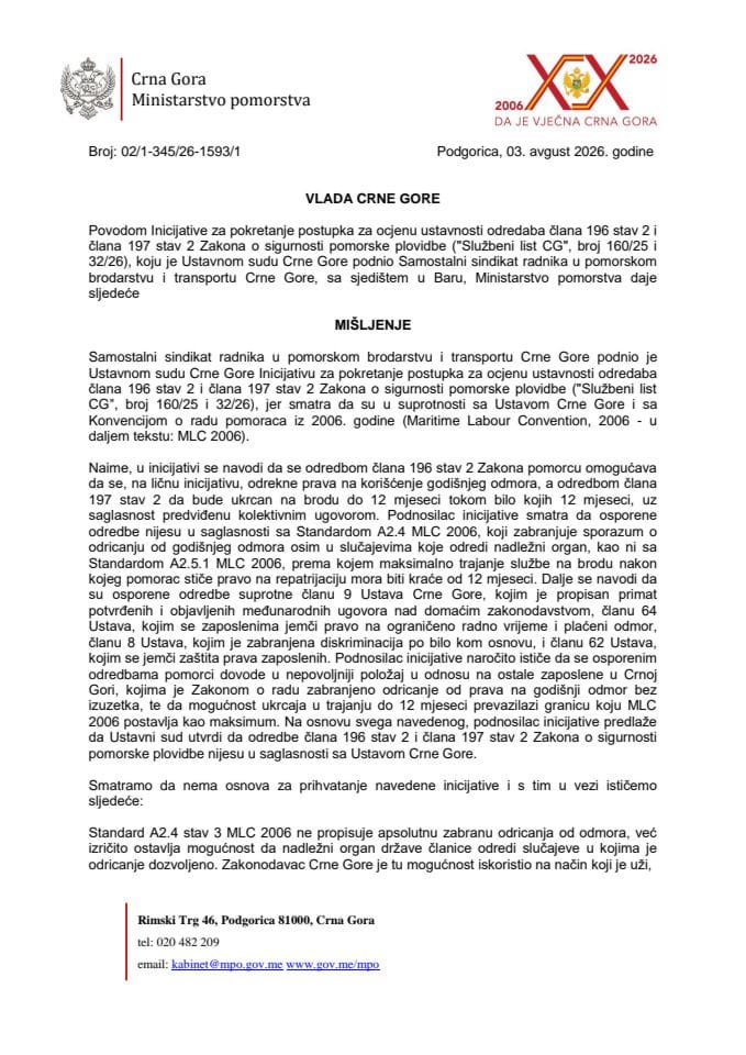 Predlog mišljenja na Inicijativu za pokretanje postupka za ocjenu ustavnosti odredaba člana 196 stav 2 i člana 197 stav 2 Zakona o sigurnosti pomorske plovidbe („Službeni list CG“, broj 160/25 i 32/26), koju je podnio Samostalni sindikat radnika