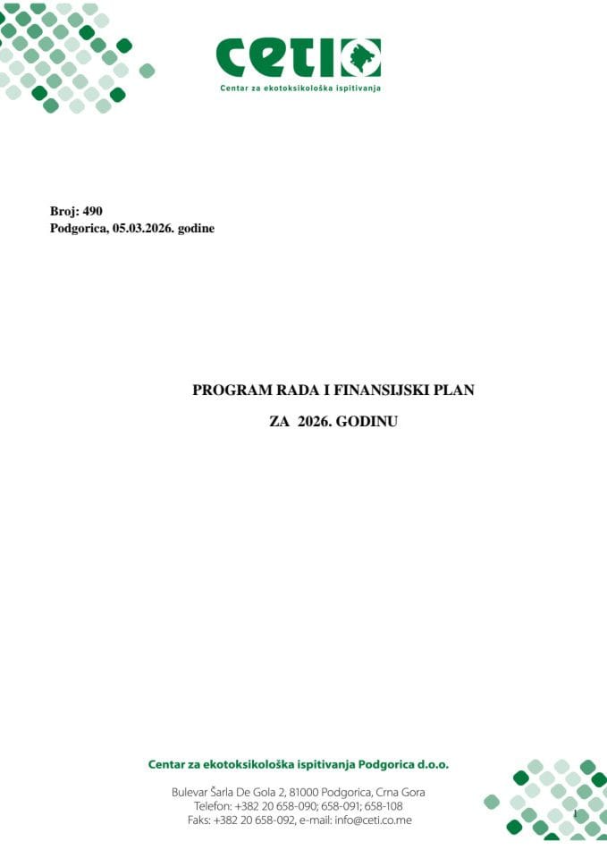 Predlog programa rada i Finansijskog plana „Centar za ekotoksikološka ispitivanja“ d.o.o. Podgorica za 2026. godinu