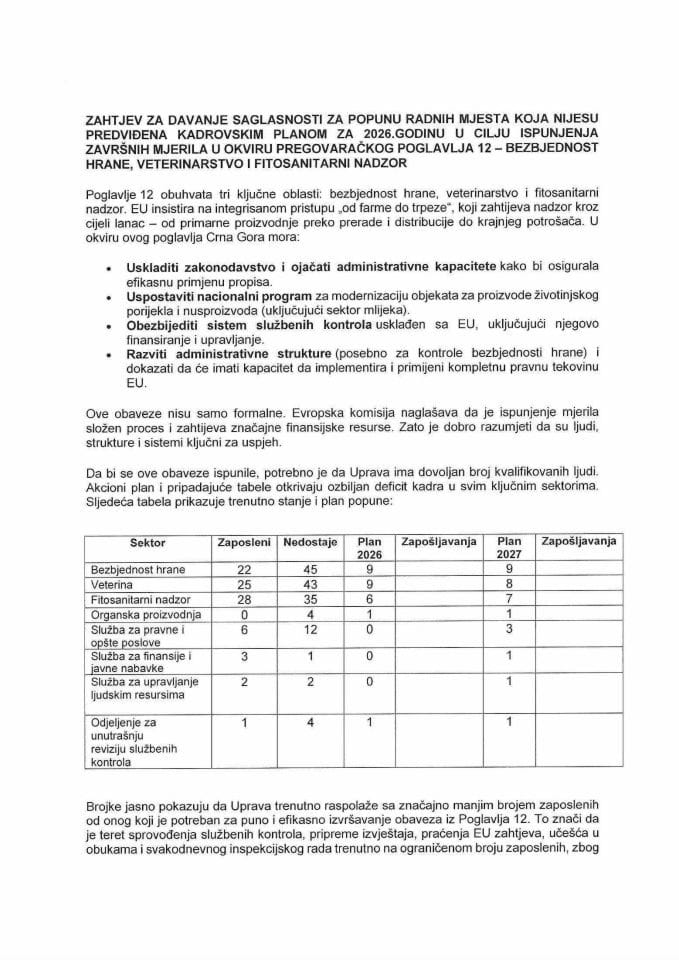 Zahtjev za davanje saglasnosti za popunu radnih mjesta koja nijesu predviđena Kadrovskim planom za 2026. godinu u cilju ispunjenja završnih mjerila u okviru pregovoračkog poglavlja 12 - Bezbjednost hrane, veterinarstvo i fitosanitarni nadzor
