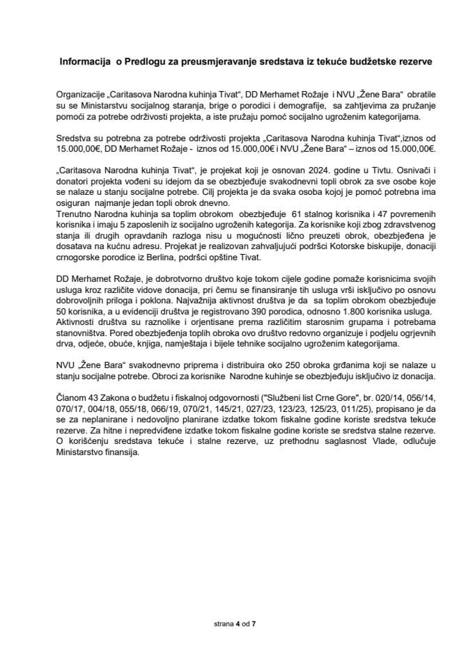 Informacija o preusmjeravanju sredstava iz tekuće budžetske rezerve za potrebe održivosti projekta „Caritasova Narodna kuhinja Tivat“, DD Merhamet Rožaje i NVU „Žene“ Bara