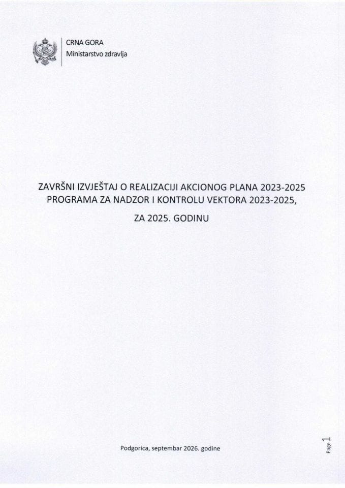 Završni izvještaj o realizaciji Akcionog plana 2023-2025 Programa za nadzor i kontrolu vektora u Crnoj Gori 2023-2025, za 2025. godinu