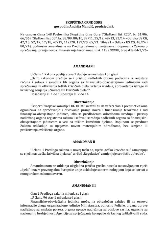 Predlog amadmana na Predlog zakona o izmjenama i dopunama Zakona o sprečavanju pranja novca i finansiranja terorizma