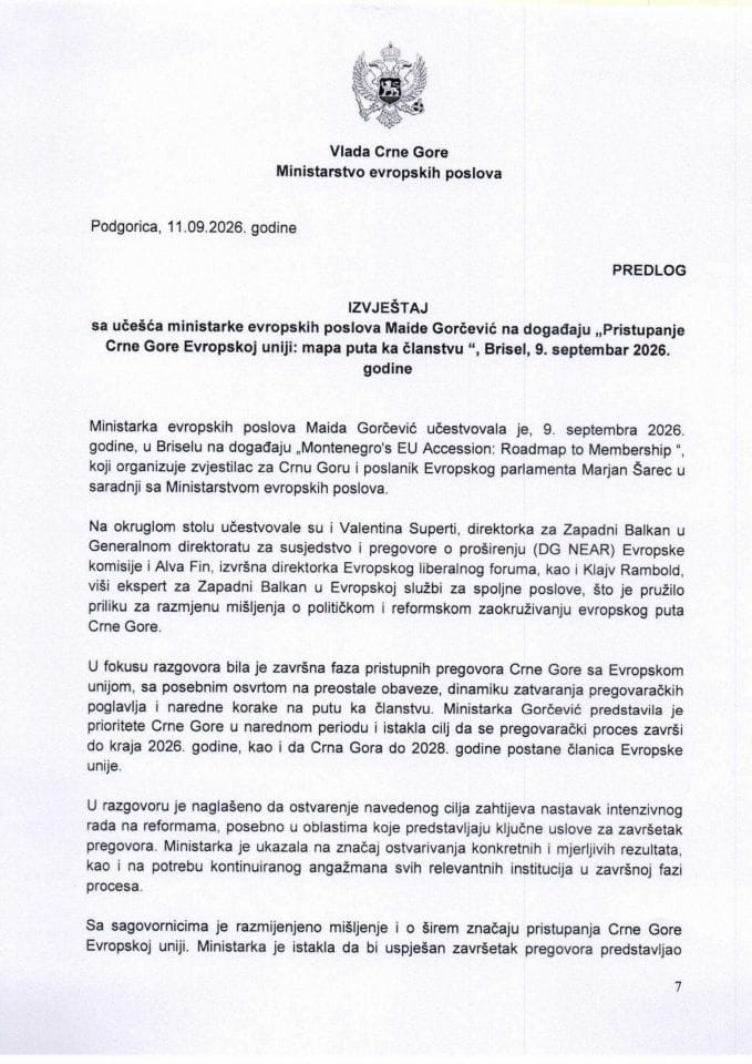 Izvještaj sa učešća ministarke evropskih poslova Maide Gorčević na događaju „Pristupanje Crne Gore Evropskoj uniji: mapa puta ka članstvu“, Brisel, 9. septembar 2026. godine