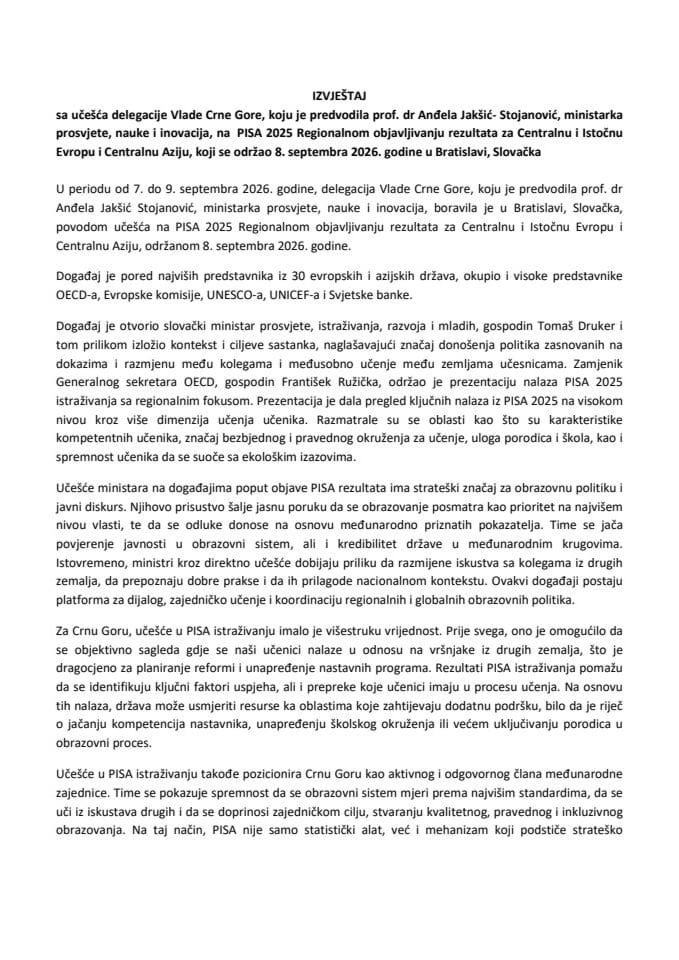 Izvještaj sa učešća delegacije Vlade Crne Gore, koju je predvodila prof. dr Anđela Jakšić-Stojanović, ministarka prosvjete, nauke i inovacija, na PISA 2025 Regionalnom objavljivanju rezultata za Centralnu i Istočnu Evropu i Centralnu Aziju