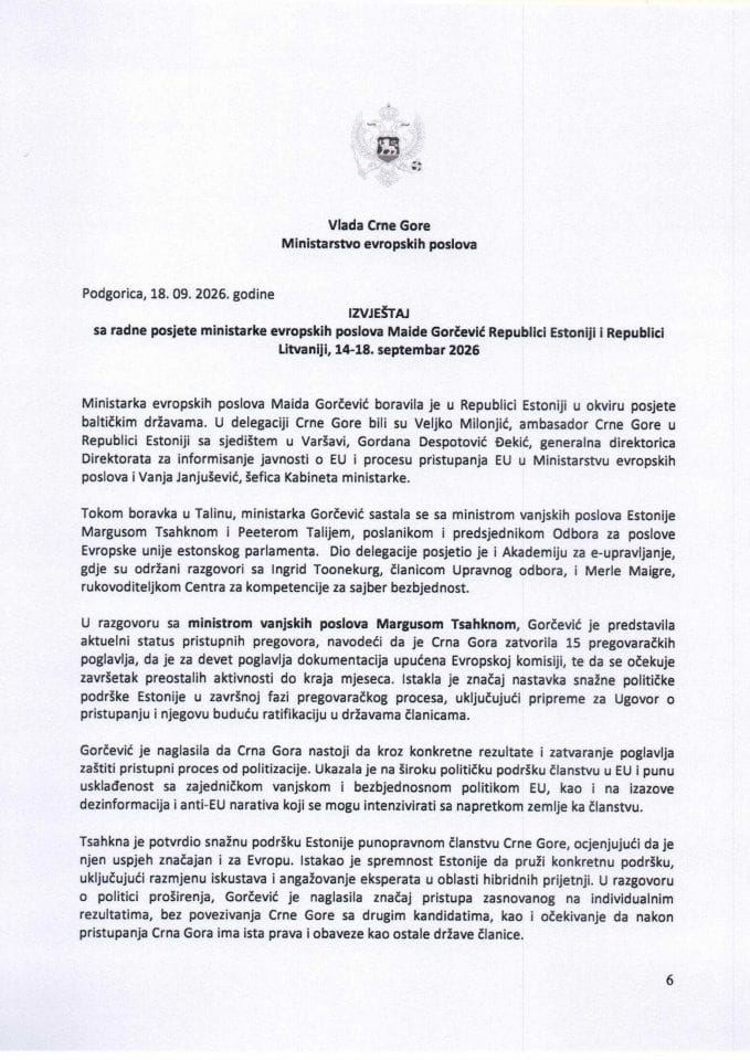 Izvještaj sa radne posjete ministarke evropskih poslova Maide Gorčević Republici Estoniji i Republici Litvaniji, 14-18. septembar 2026. godine