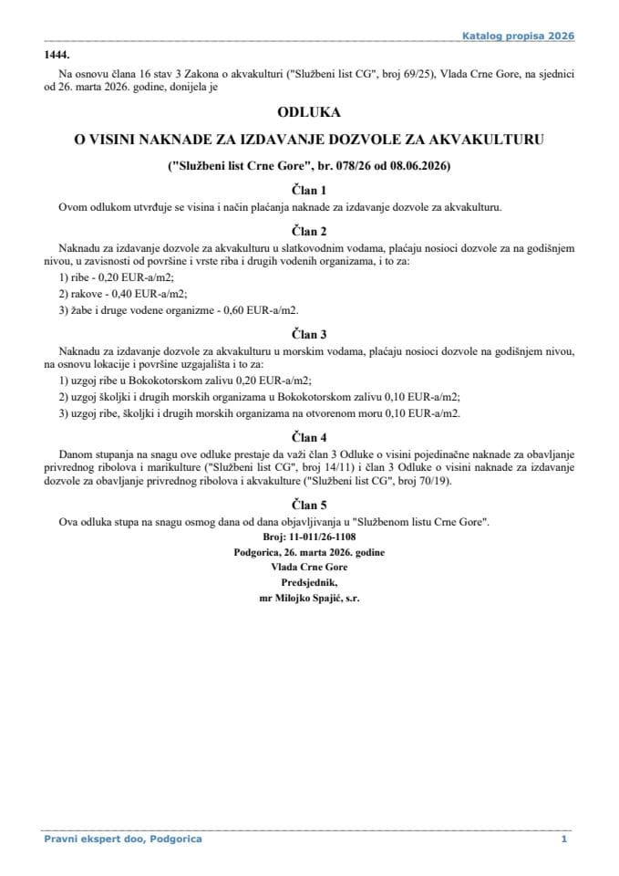 Odluka o visini naknade za izdavanje dozvole za akvakulturu