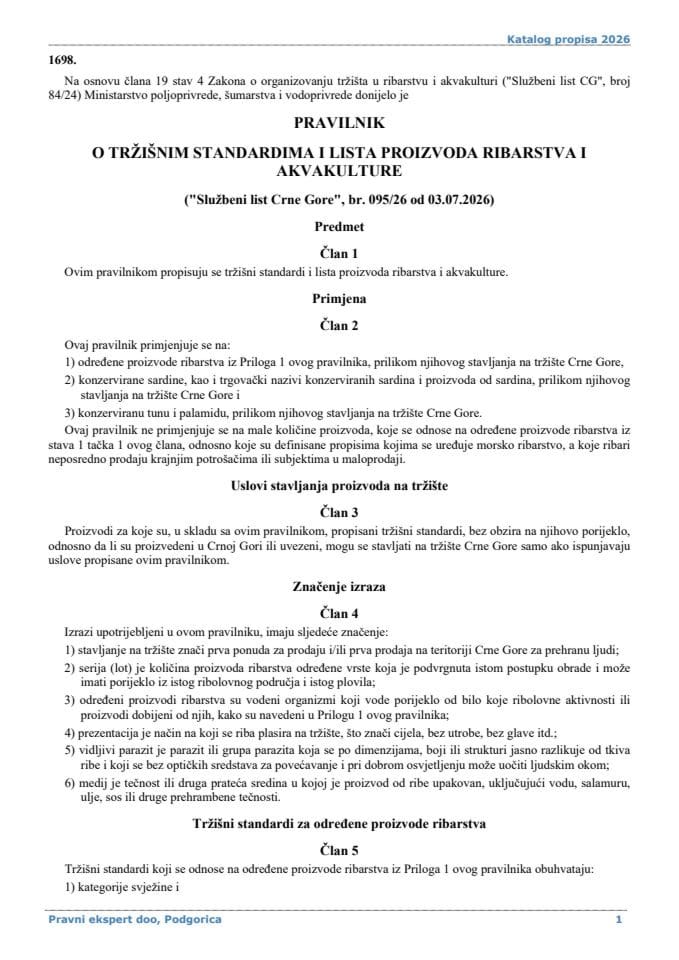 Pravilnik o trzisnim standardima i lista proizvoda ribarstva i akvakulture