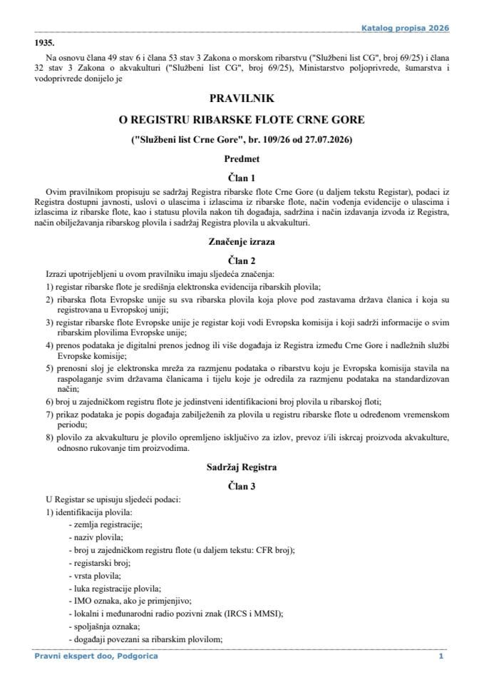 Pravilnik o Registru ribarske flote Crne Gore