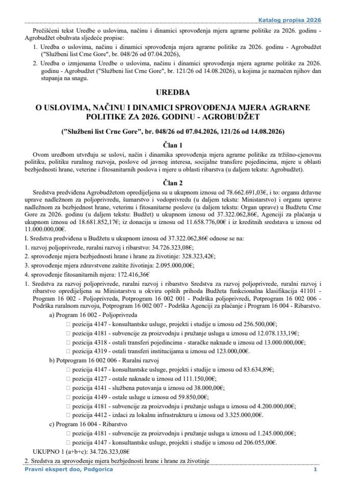 Uredba o uslovima nacinu i dinamici sprovodjenja mjera agrarne politike za 2026 godinu - Agrobudzet