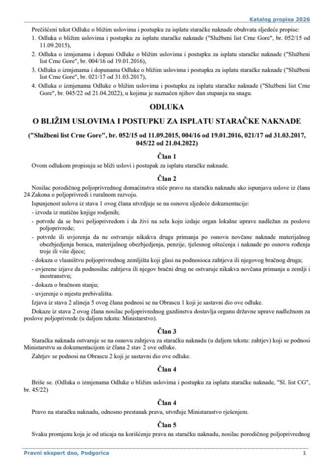 Odluka o blizim uslovima i postupku za isplatu staracke naknade