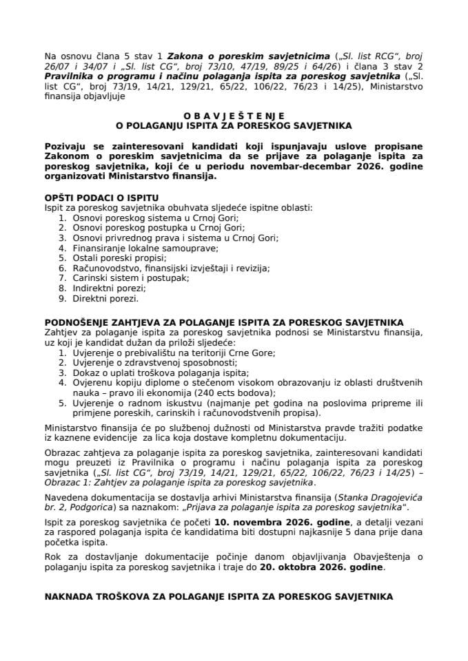 Obavještenje o polaganju ispita za poreskog savjetnika