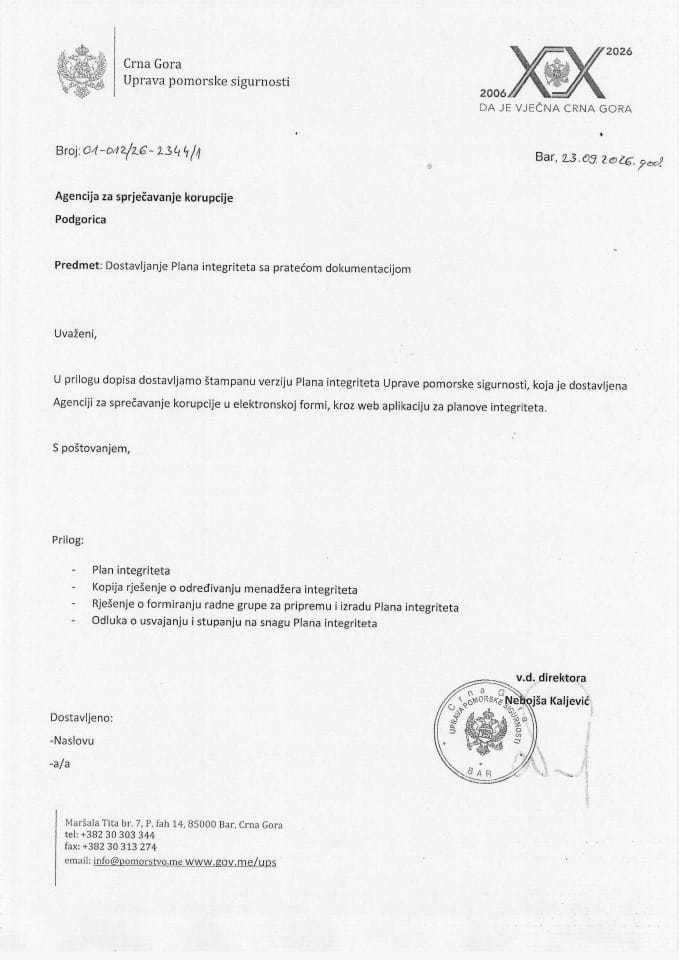 Plan integriteta Uprave pomorske sigurnosti - 2026.godina
