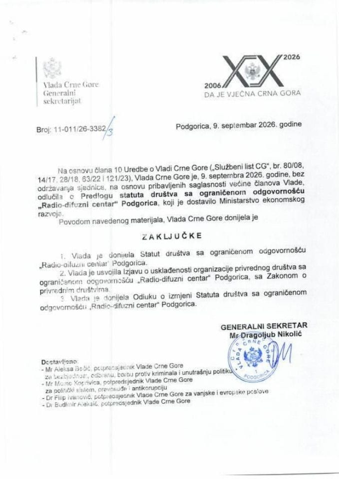 Predlog statuta Društva sa ograničenom odgovornošću „Radio-difuzni centar“ Podgorica - zaključci