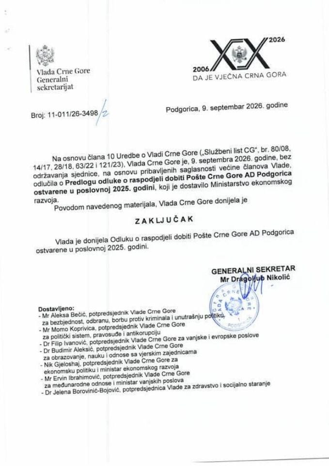 Predlog odluke o raspodjeli dobiti jednočlanog akcionarskog društva Pošte Crne Gore Podgorica ostvarene u poslovnoj 2025. godini - zaključci