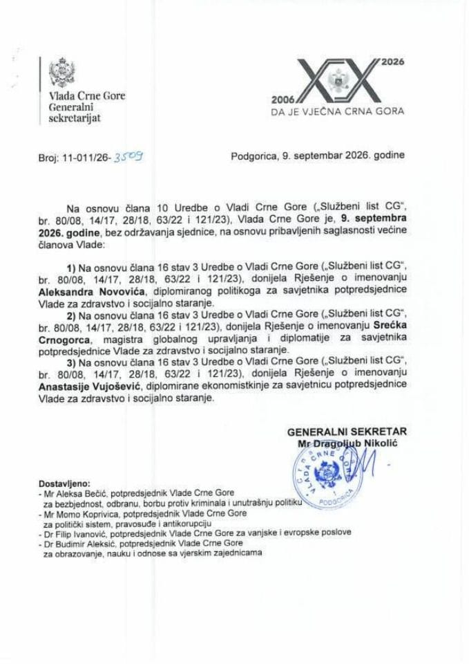 Kadrovska pitanja - 9. septembar 2026. godine - zaključci