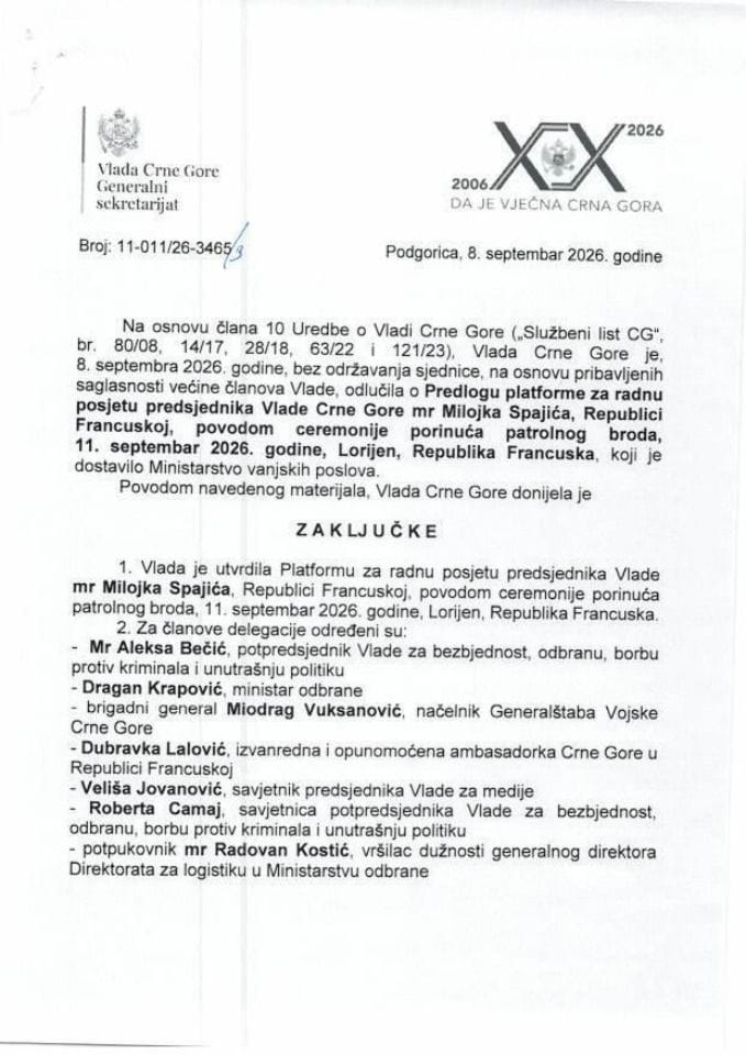 Predlog platforme za radnu posjetu predsjednika Vlade Crne Gore mr Milojka Spajića Republici Francuskoj, povodom ceremonije porinuća patrolnog broda, 11. septembar 2026. godine, Lorijen, Republika Francuska - zaključci