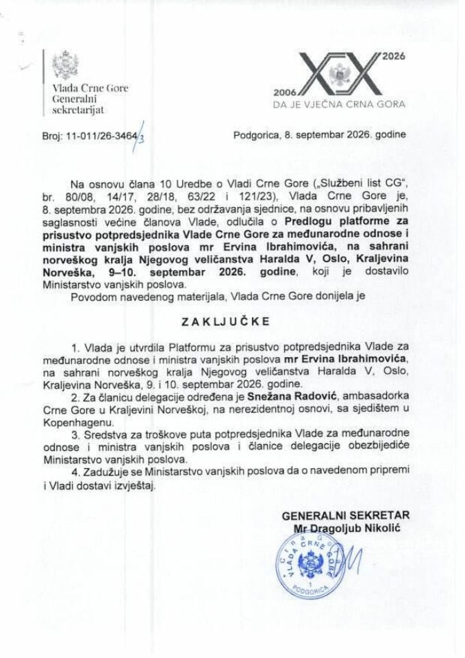Predlog platforme za prisustvo potpredsjednika Vlade Crne Gore za međunarodne odnose i ministra vanjskih poslova mr Ervina Ibrahimovića na sahrani norveškog kralja Njegovog veličanstva Haralda V, Oslo, Kraljevina Norveška - zaključci