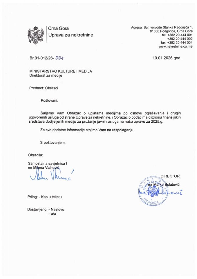 Obrasci o uplatama i finansiranju medija po osnovu oglašavanja Uprave za nekretnine za 2025.g.