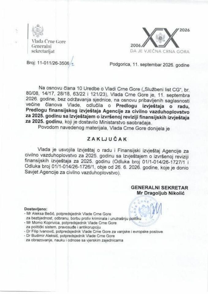 Predlog izvještaja o radu, Predlogu finansijskog izvještaja Agencije za civilno vazduhoplovstvo za 2025. godinu sa Izvještajem nezavisnog revizora o izvršenoj reviziji finansijskih izvještaja za 2025. godinu - zaključci