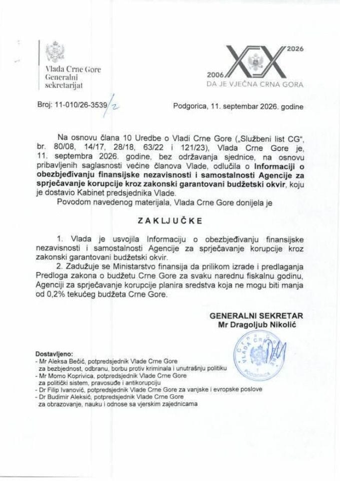 Informacija o obezbjeđivanju finansijske nezavisnosti i samostalnosti Agencije za sprječavanje korupcije kroz zakonski garantovani budžetski okvir - zaključci