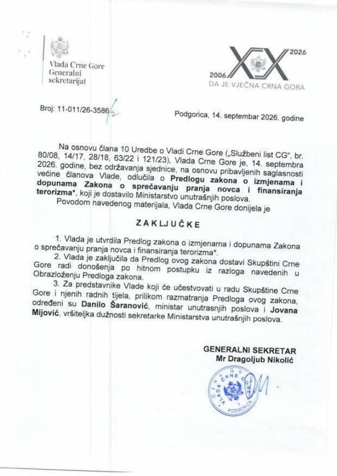 Predlog zakona o izmjenama i dopunama Zakona o sprečavanju pranja novca i finansiranja terorizma*