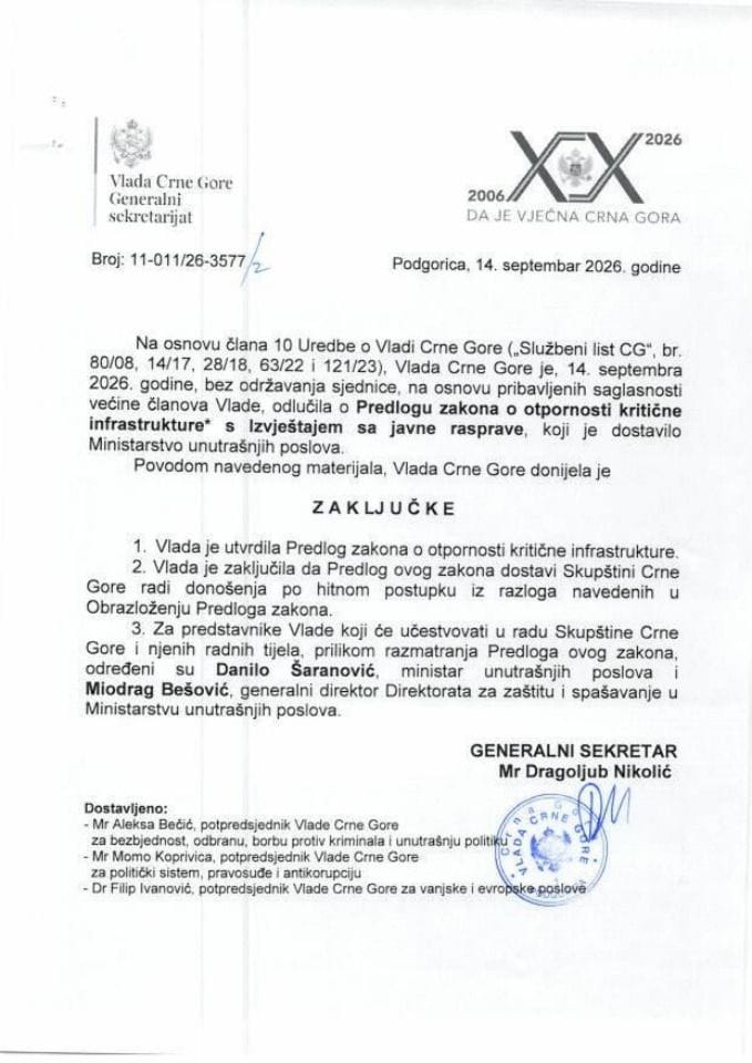 Predlog zakona o otpornosti kritične infrastrukture* s Izvještajem sa javne rasprave - zaključci