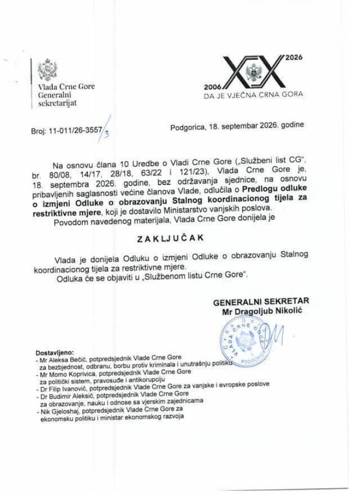 Predlog odluke o izmjeni Odluke o obrazovanju Stalnog koordinacionog tijela za restriktivne mjere - zaključci