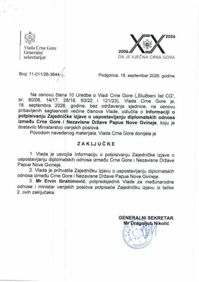 Informacija o potpisivanju Zajedničke izjave o uspostavljanju diplomatskih odnosa između Crne Gore i Nezavisne Države Papue Nove Gvineje s Predlogom zajedničke izjave - zaključci