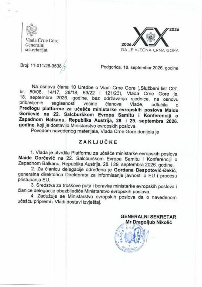 Predlog platforme za učešće ministarke evropskih poslova Maide Gorčević na 22. Salzburškom Evropa Samitu i Konferenciji o Zapadnom Balkanu, Republika Austrija, 28. i 29. septembra 2026. godine - zaključci