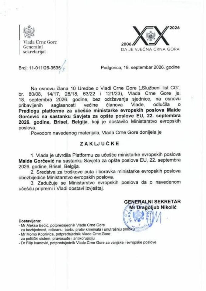 Predlog platforme za učešće ministarke evropskih poslova Maide Gorčević na sastanku Savjeta za opšte poslove EU, 22. septembra 2026. godine, Brisel, Belgija - zaključci