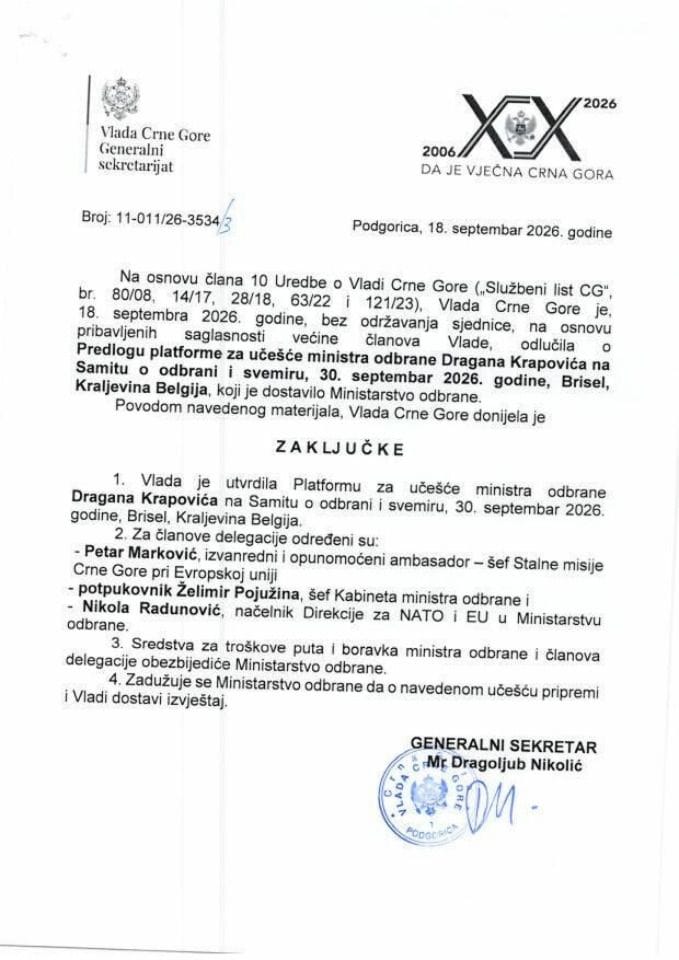 Predlog platforme za učešće ministra odbrane, Dragana Krapovića, na Samitu o odbrani i svemiru, 30. septembar 2026. godine, Brisel, Kraljevina Belgija - zaključci