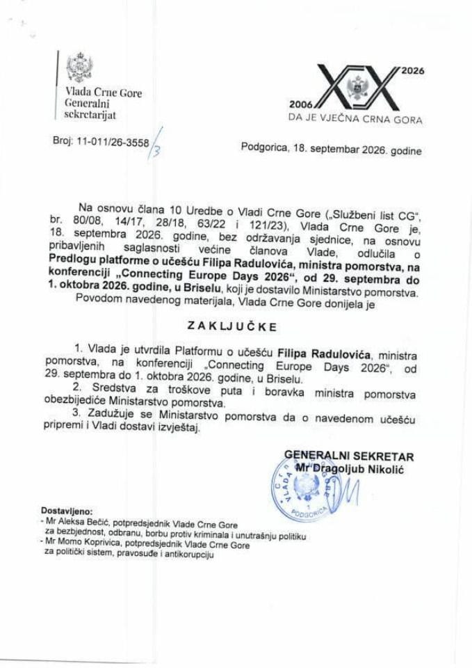 Predlog platforme o učešću Filipa Radulovića, ministra pomorstva, na konferenciji „Connecting Europe Days 2026“, od 29. septembra do 1. oktobra 2026. godine, u Briselu - zaključci