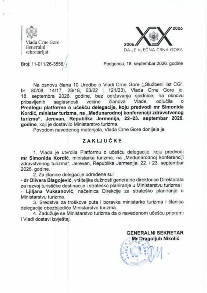Predlog platforme o učešću delegacije, koju predvodi mr Simonida Kordić, ministar turizma, na „Međunarodnoj konferenciji zdravstvenog turizma“, Jerevan, Republika Jermenija, 22 - 23. septembar 2026. godine - zaključci