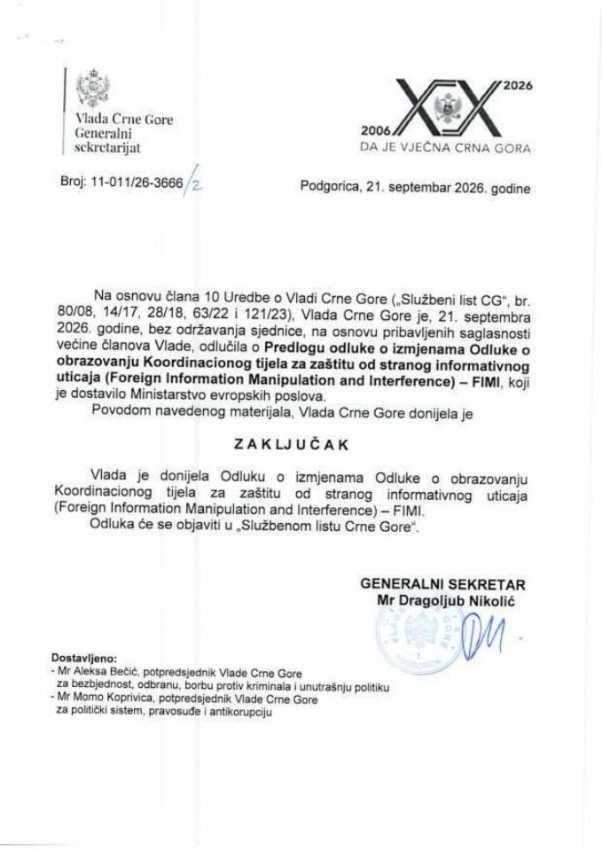 Predlog odluke o izmjenama Odluke o obrazovanju Koordinacionog tijela za zaštitu od stranog informativnog uticaja (Foreign Information Manipulation and Interference) – FIMI - zaključci