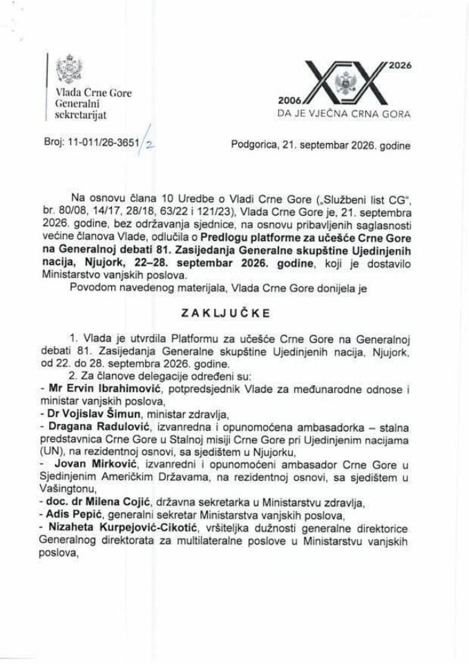 Predlog platforme za učešće Crne Gore na Generalnoj debati 81. zasijedanja Generalne skupštine Ujedinjenih nacija, Njujork, 22-28. septembar 2026. godine - zaključci