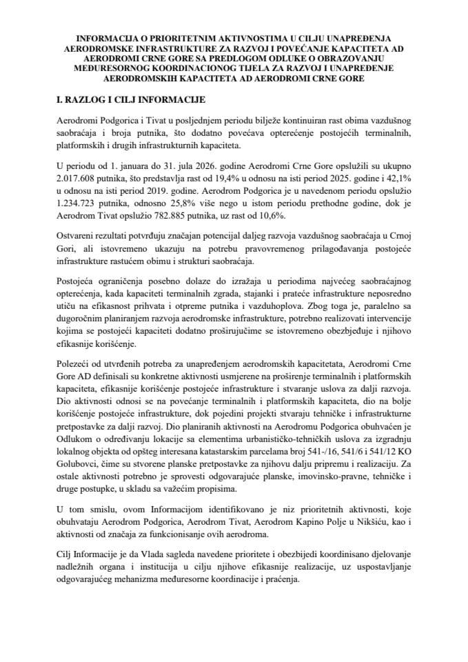 Informacija o prioritetnim aktivnostima u cilju unapređenja aerodromske infrastrukture za razvoj i povećanje kapaciteta AD „Aerodromi Crne Gore“ sa Predlogom odluke o obrazovanju Međuresornog koordinacionog tijela za razvoj i unapređenje